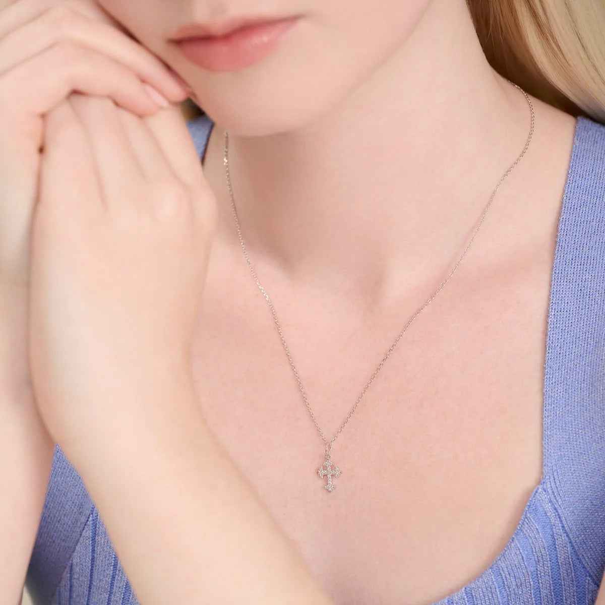 M by Monte Luna 1/10 ct. tw. Lab-Grown Diamond Flory Cross Pendant in Rhodium Plated Sterling Silver front view
