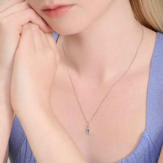 M by Monte Luna 1/6 ct. tw. Lab-Grown Diamond Cross Tag Pendant in Rhodium Plated Sterling Silver front view