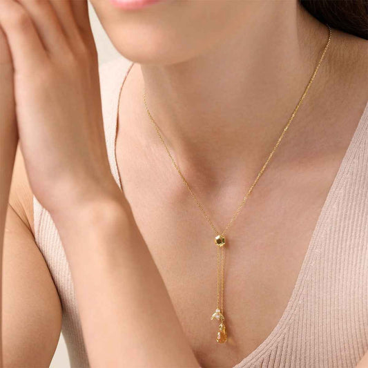 M by Monte Luna Lab -Grown Diamond Accent & Pear Citrine Honey Bee Y Necklace in 14K Yellow Gold Plated Sterling front view