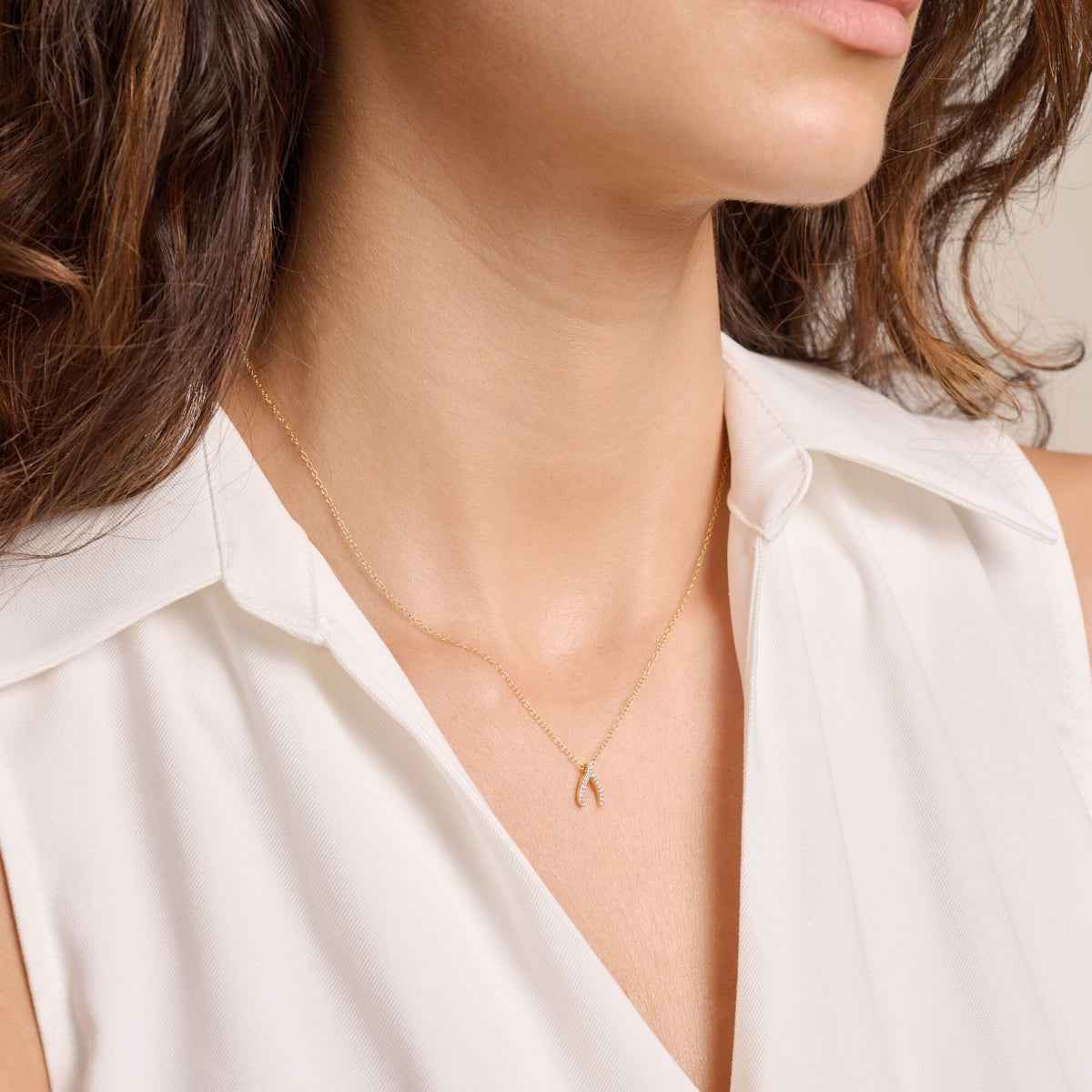 M by Monte Luna Lab-Grown Diamond Accent Wishbone Pendant in 14K Yellow Gold Plated Sterling Silver front view