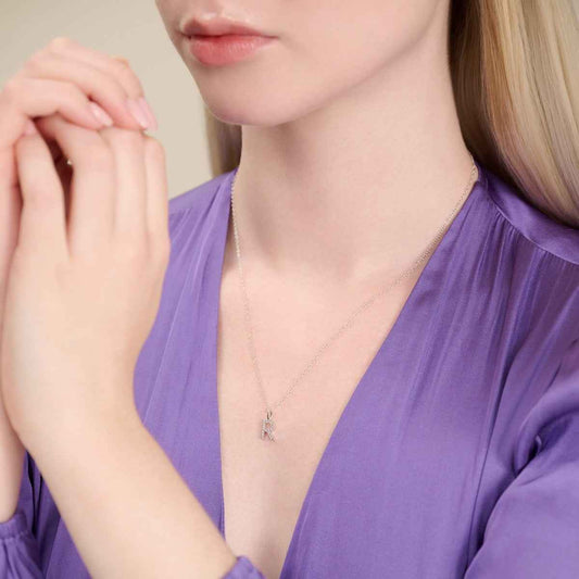 M by Monte Luna Lab-Grown Diamond Accent Initial R Pendant in Rhodium Plated Sterling Silver front view