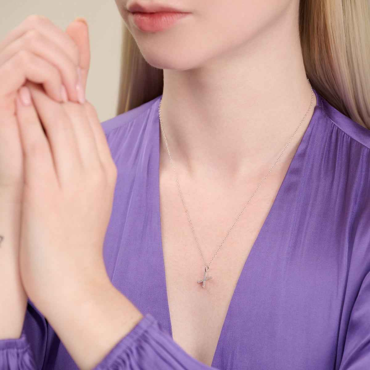 M by Monte Luna Lab-Grown Diamond Accent Initial X Pendant in Rhodium Plated Sterling Silver front view