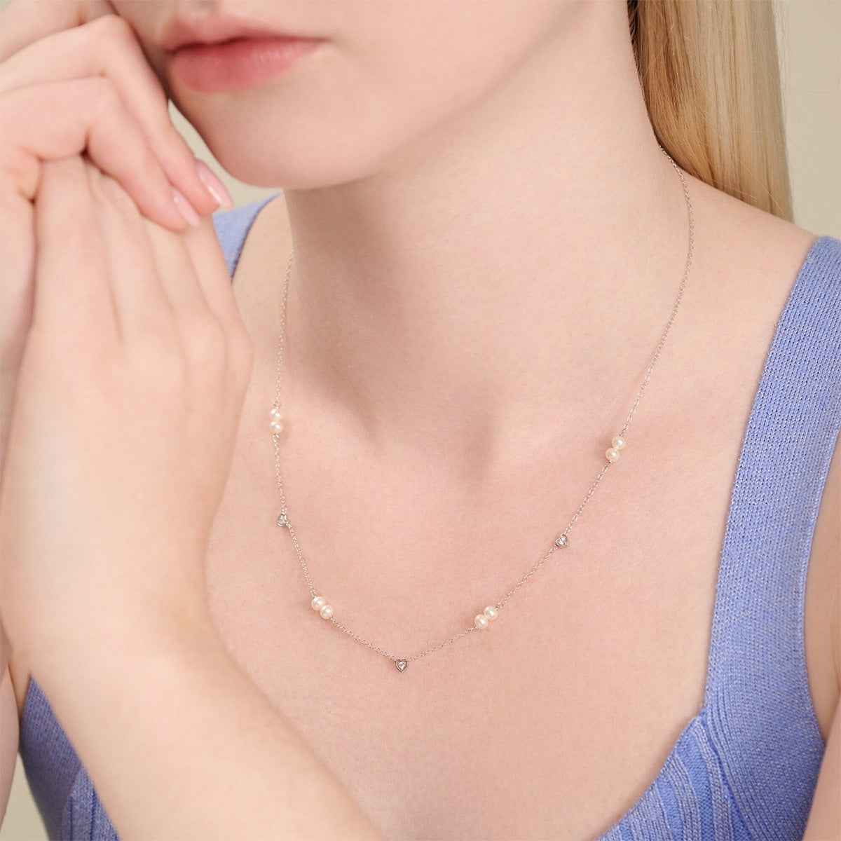 M by Monte Luna Lab-Grown Diamond Accent Heart & Genuine Pearl Necklace in Rhodium Plated Sterling Silver