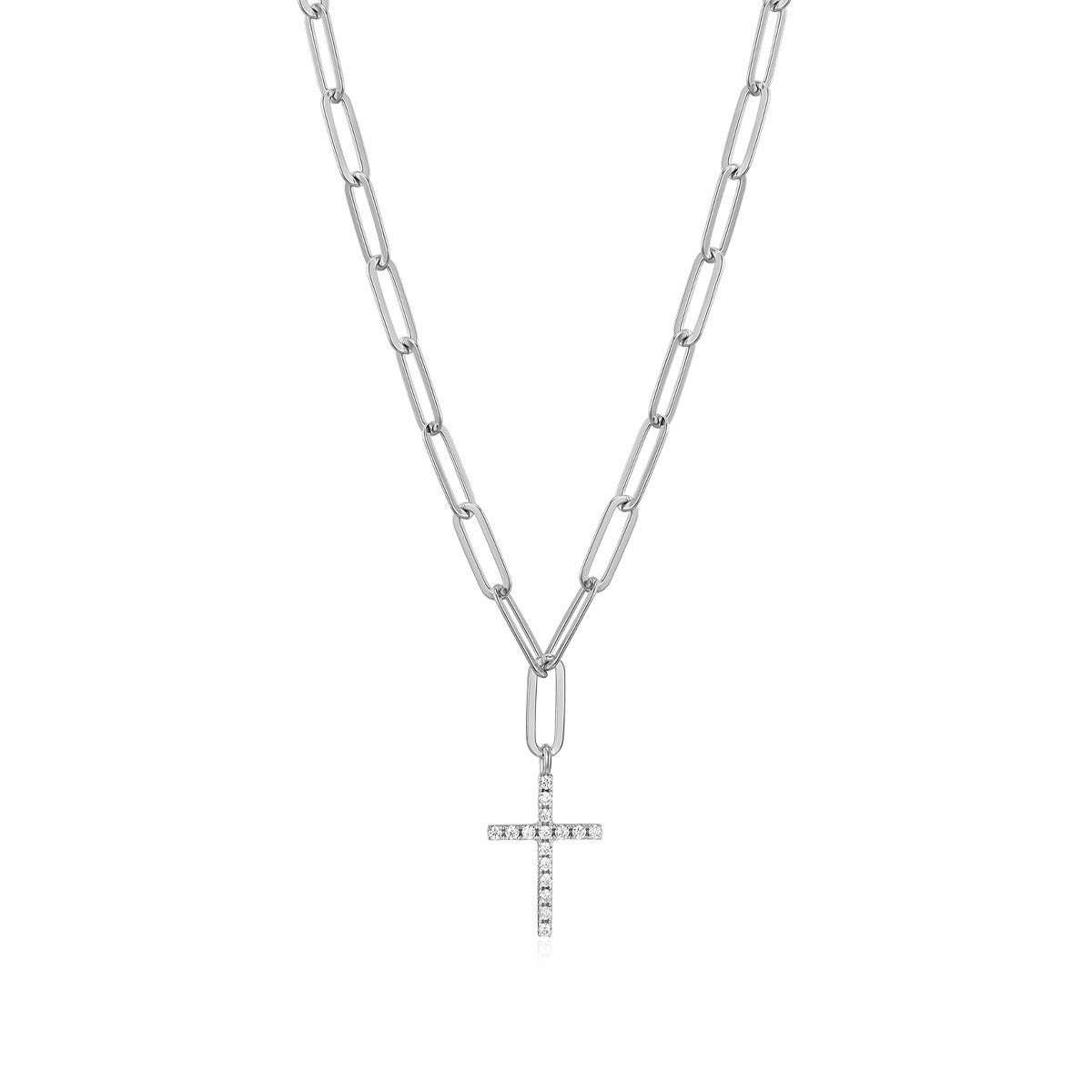 M by Monte Luna Lab-Grown Diamond Accent Cross Paperclip Necklace in Rhodium Plated Sterling Silver