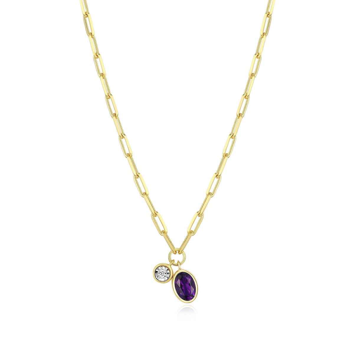 M by Monte Luna Oval Amethyst & 1/5 ct. tw. Lab-Grown Diamond February Birthstone Necklace in 14K Yellow Gold Plated Sterling Silver