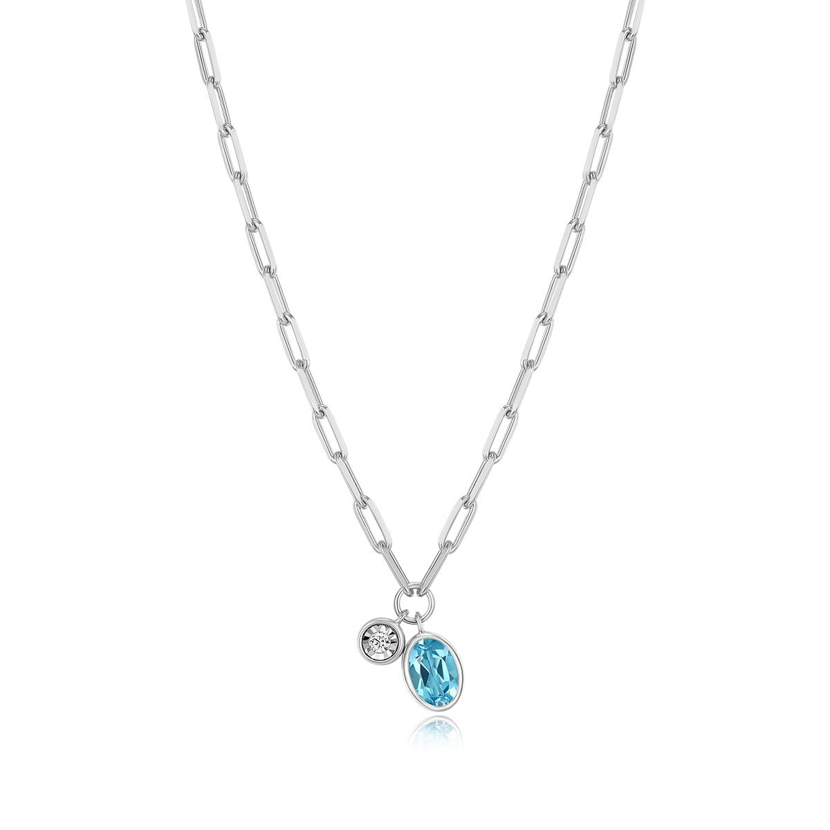 M by Monte Luna Oval Blue Topaz & 1/5 ct. tw. Lab-Grown Diamond December Birthstone Necklace in Rhodium Plated Sterling Silver