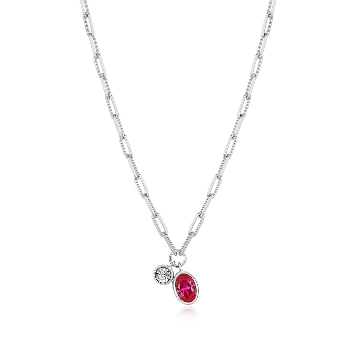 M by Monte Luna Created Oval Ruby & 1/5 ct. tw. Lab-Grown Diamond July Birthstone Necklace in Rhodium Plated Sterling Silver