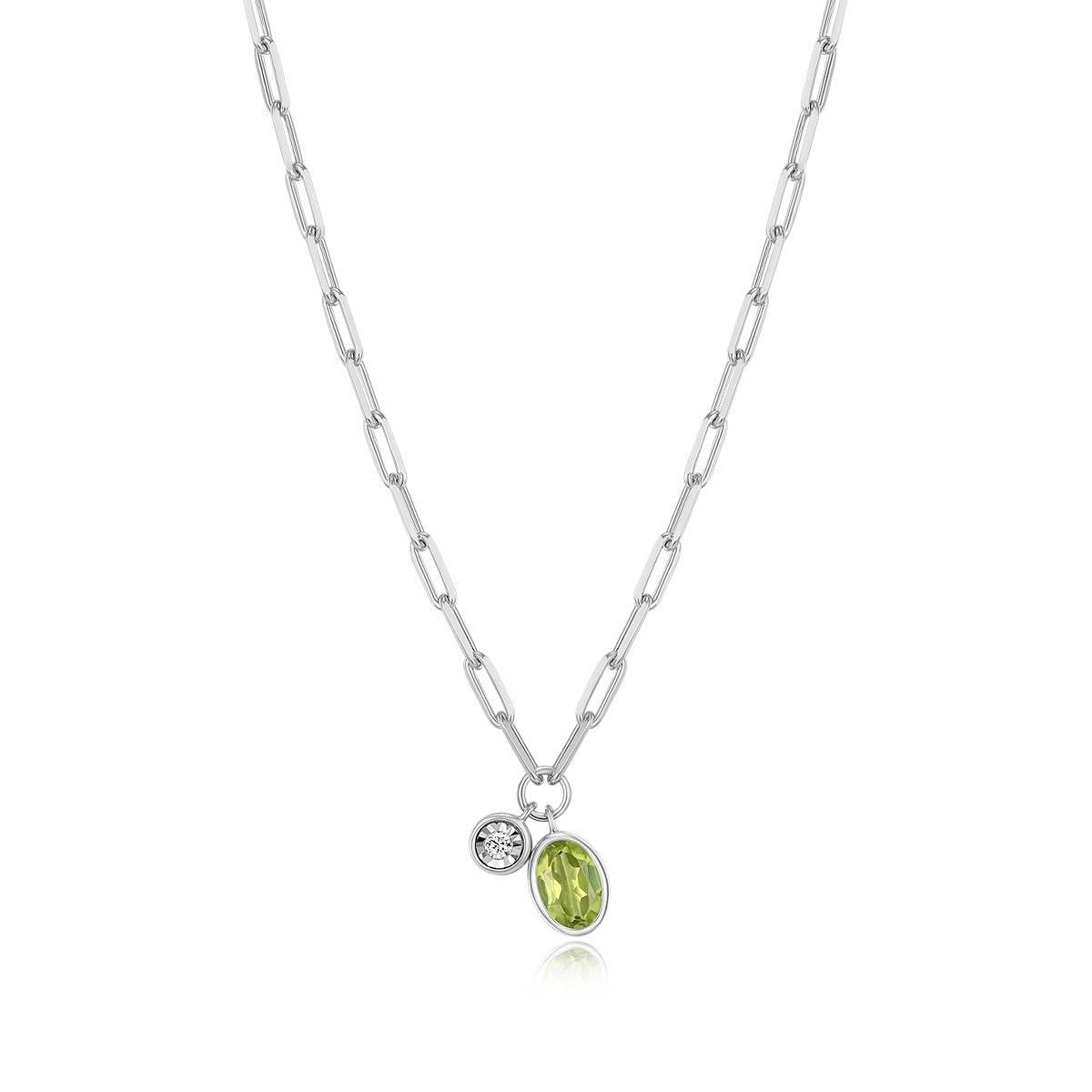 M by Monte Luna Oval Peridot & 1/5 ct. tw. Lab-Grown Diamond August Birthstone Necklace in Rhodium Plated Sterling Silver