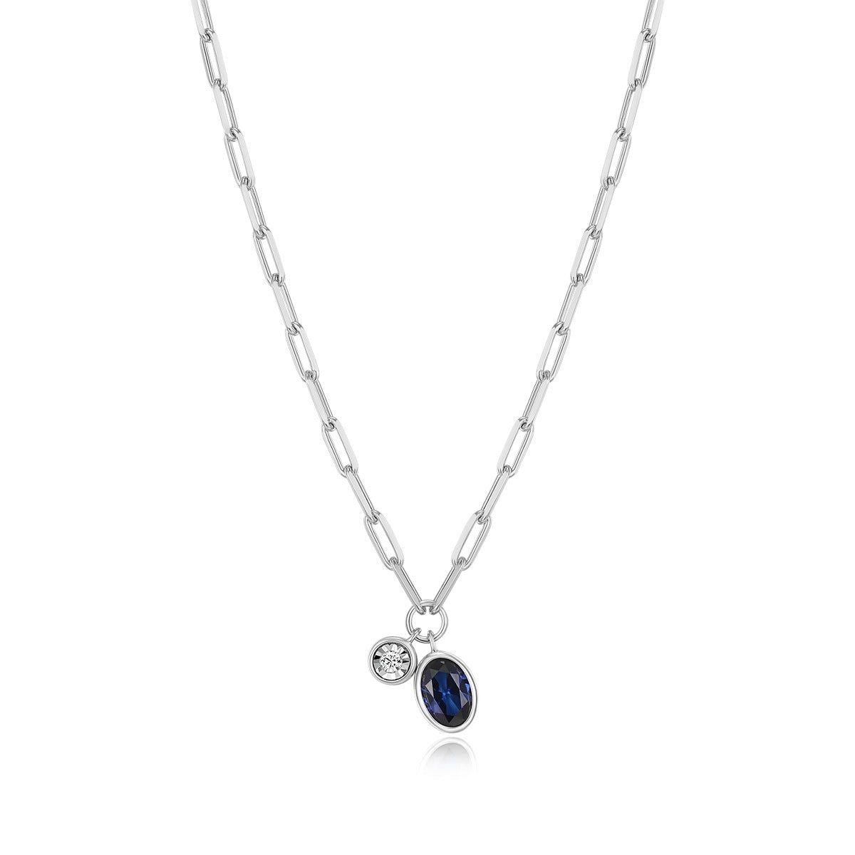 M by Monte Luna Created Oval Sapphire & 1/5 ct. tw. Lab-Grown Diamond September Birthstone Necklace in Rhodium Plated Sterling Silver