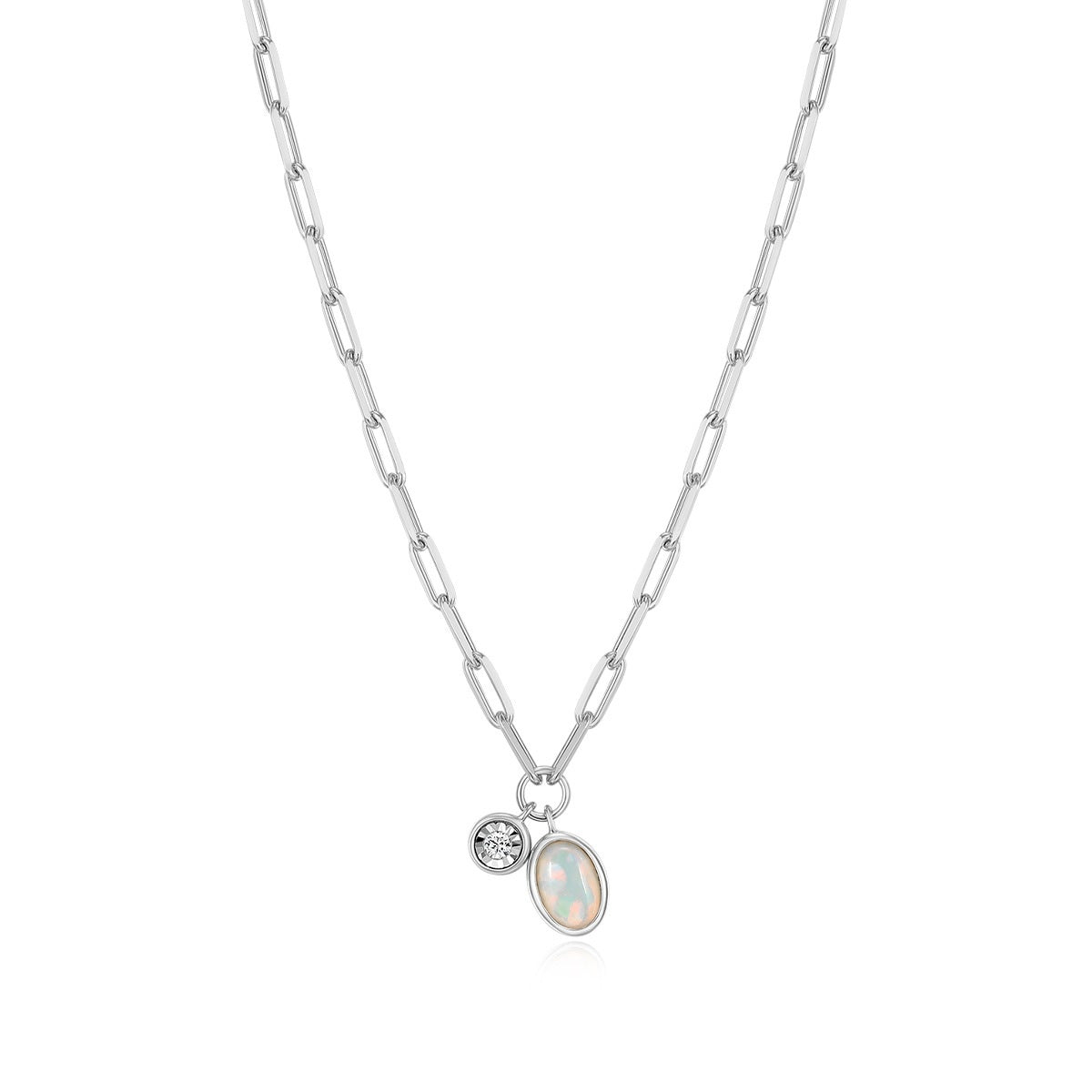 M by Monte Luna Created Oval Opal & 1/5 ct. tw. Lab-Grown Diamond October Birthstone Necklace in Rhodium Plated Sterling Silver