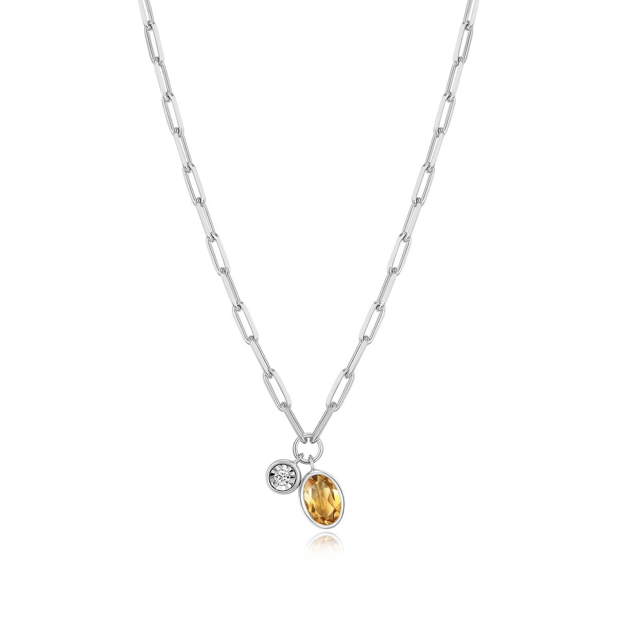 M by Monte Luna Oval Citrine & 1/5 ct. tw. Lab-Grown Diamond November Birthstone Necklace in Rhodium Plated Sterling Silver