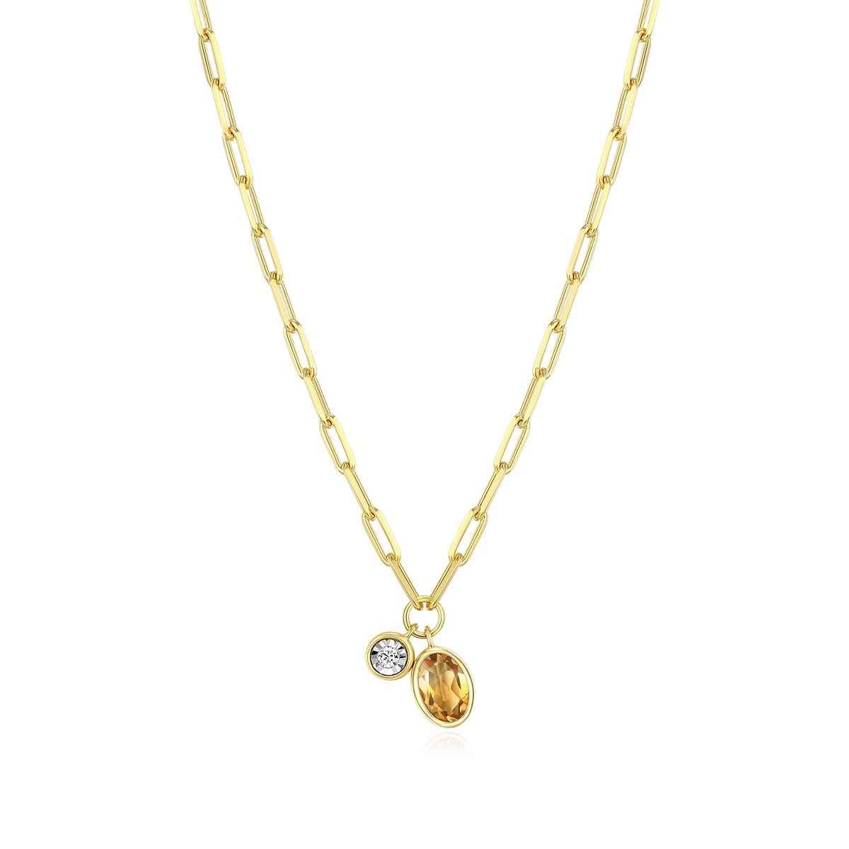M by Monte Luna Oval Citrine & 1/5 ct. tw. Lab-Grown Diamond November Birthstone Necklace in 14K Yellow Gold Plated Sterling Silver
