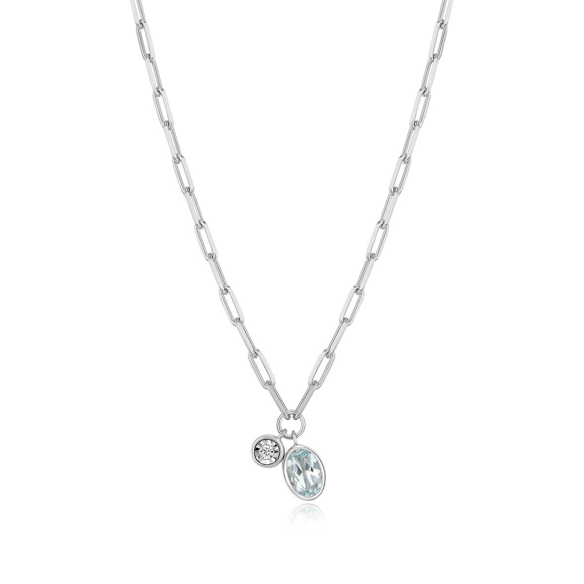 M by Monte Luna Oval Aquamarine & 1/5 ct. tw. Lab-Grown Diamond March Birthstone Necklace in Rhodium Plated Sterling Silver