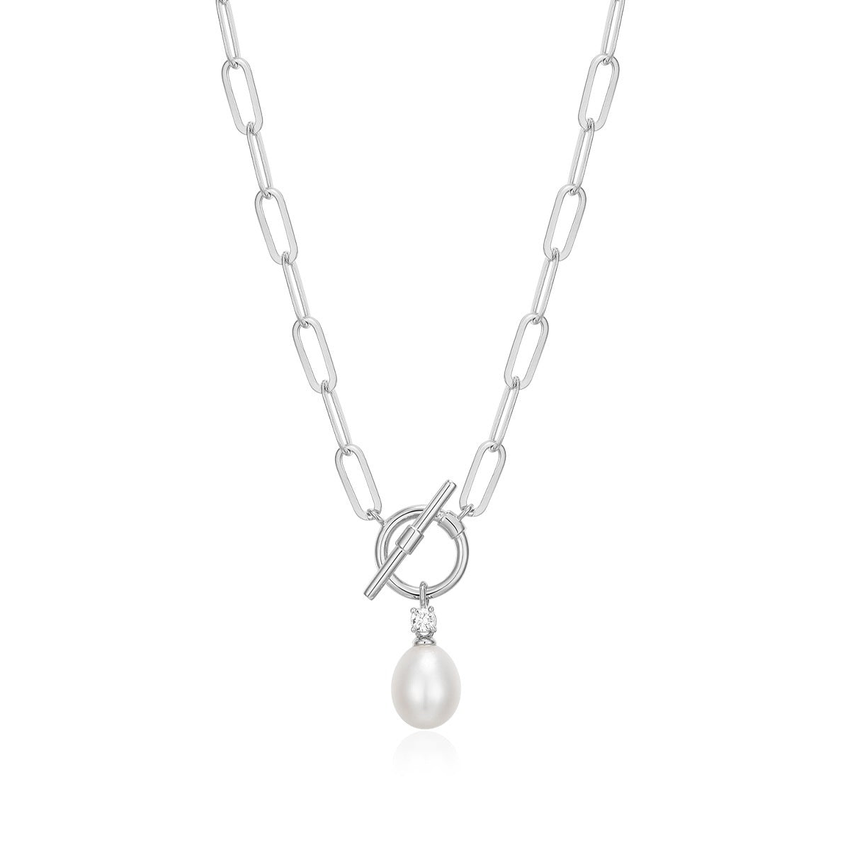 M by Monte Luna Genuine Pearl & Lab-Grown Diamond Accent Toggle Necklace in Rhodium Plated Sterling Silver