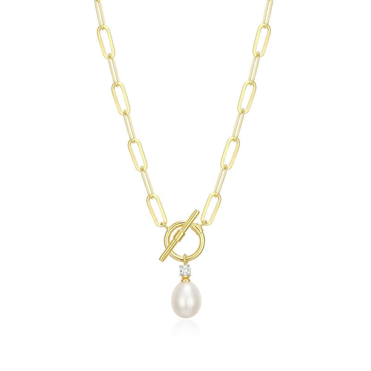 M by Monte Luna Genuine Pearl & Lab-Grown Diamond Accent Toggle Necklace in Rhodium Plated Sterling Silver