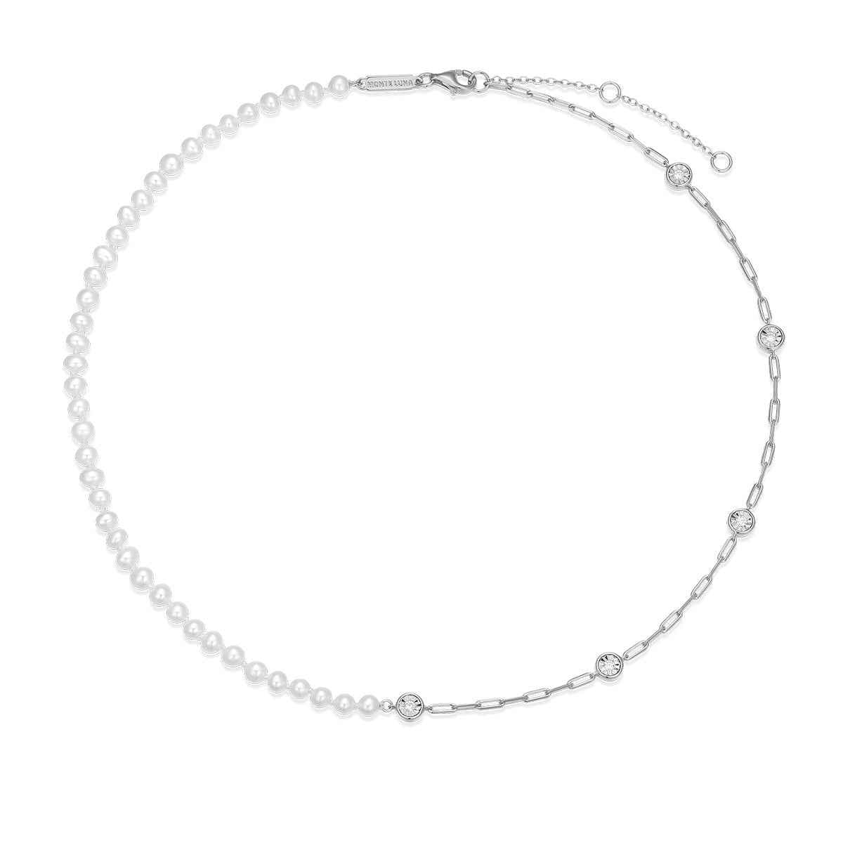 M by Monte Luna Genuine Pearl & 1/6 ct. tw. Lab-Grown Diamond Station Split Necklace in Rhodium Plated Sterling Silver