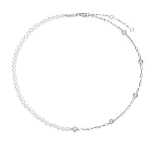 M by Monte Luna Genuine Pearl & 1/6 ct. tw. Lab-Grown Diamond Station Split Necklace in Rhodium Plated Sterling Silver