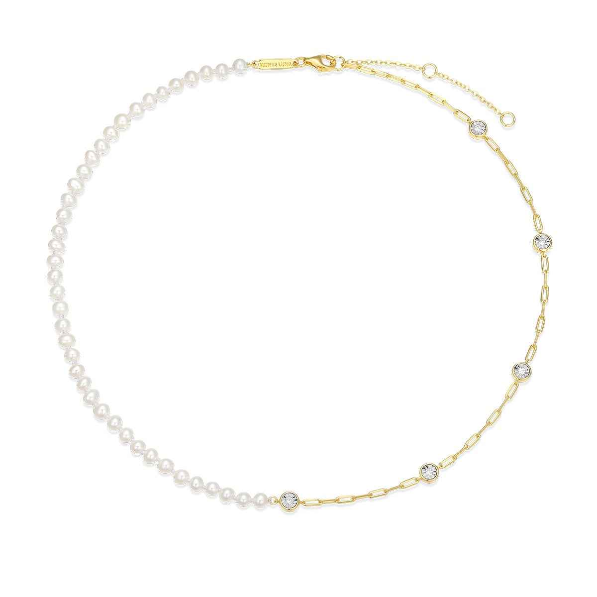 M by Monte Luna Genuine Pearl & 1/6 ct. tw. Lab-Grown Diamond Station Split Necklace in 14K Yellow Gold Plated Sterling Silver