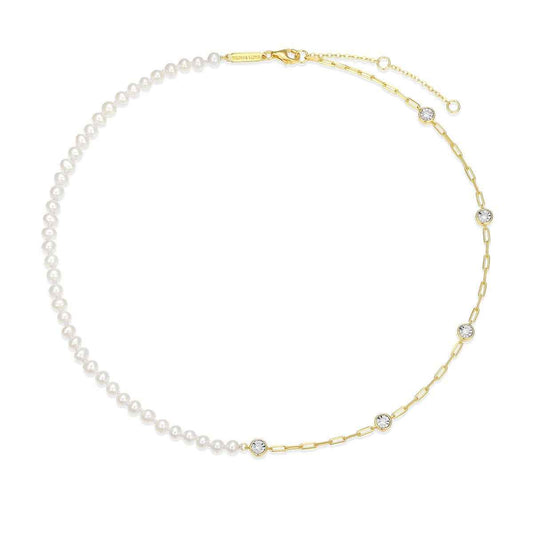 M by Monte Luna Genuine Pearl & 1/6 ct. tw. Lab-Grown Diamond Station Split Necklace in 14K Yellow Gold Plated Sterling Silver