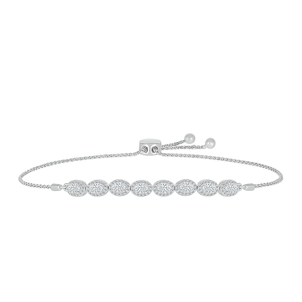 Created Oval White Sapphire Halo Bolo Bracelet in Sterling Silver