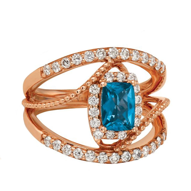 Le Vian Cushion Deep Sea Blue Topaz & 5/8 ct. tw. Nude Diamond Halo Bypass Ring in 14K Strawberry Gold