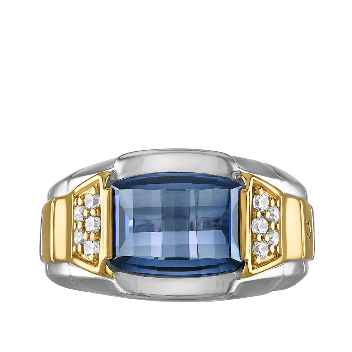 Bulova Men's Barrel Cut Sapphire & 1/10 ct. tw. Diamond Ring in Sterling Silver & 14K Yellow Gold Plating close-up detail