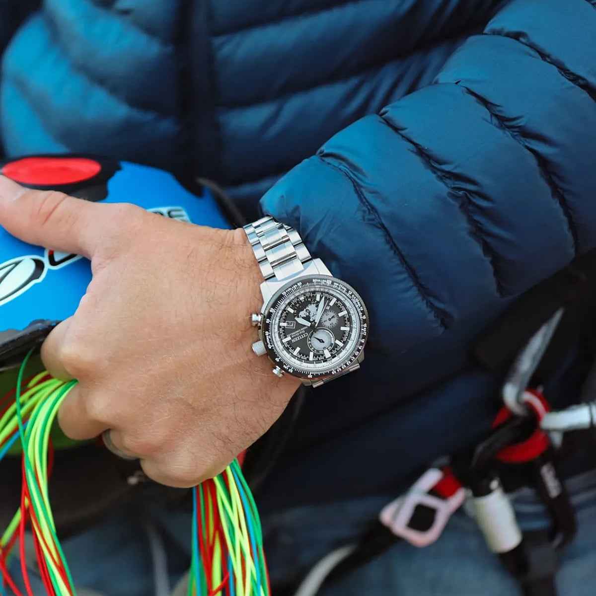 Citizen Men's Promaster Geo Trekker Eco-Drive Stainless Steel Watch with Gray Dial close-up detail