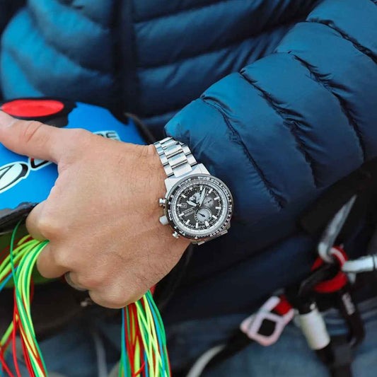 Citizen Men's Promaster Geo Trekker Eco-Drive Stainless Steel Watch with Gray Dial close-up detail