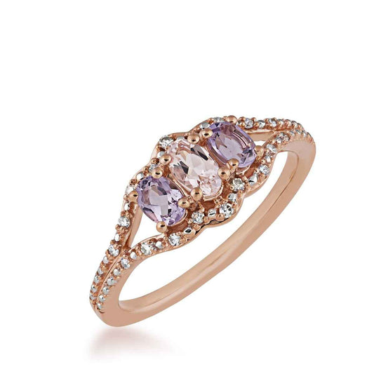 3-Stone Oval Morganite, Rose De France Amethyst & 1/10 ct. tw. Diamond Ring in 10K Pink Gold front view