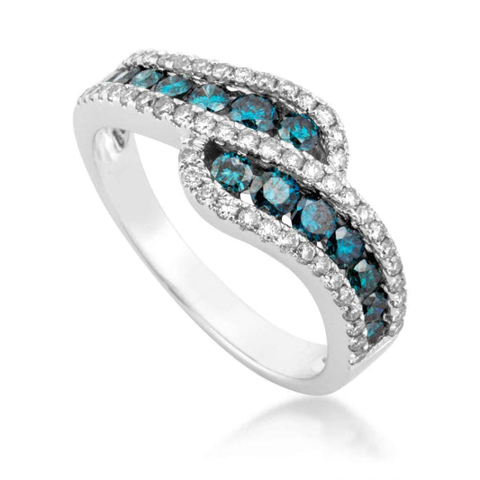 Treated Blue and White Diamond Asher Swirl Ring in White Gold close-up detail
