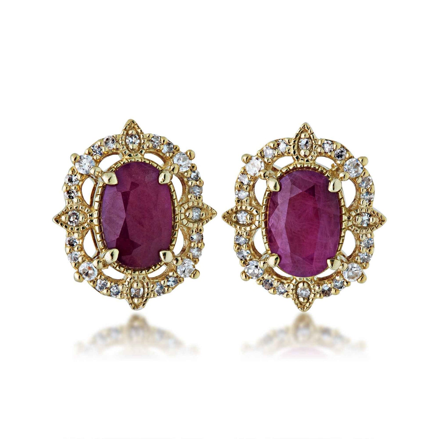 Genuine Oval Ruby Earrings with 1/6 ct. tw. Diamond Pave Halo in 10K Yellow Gold