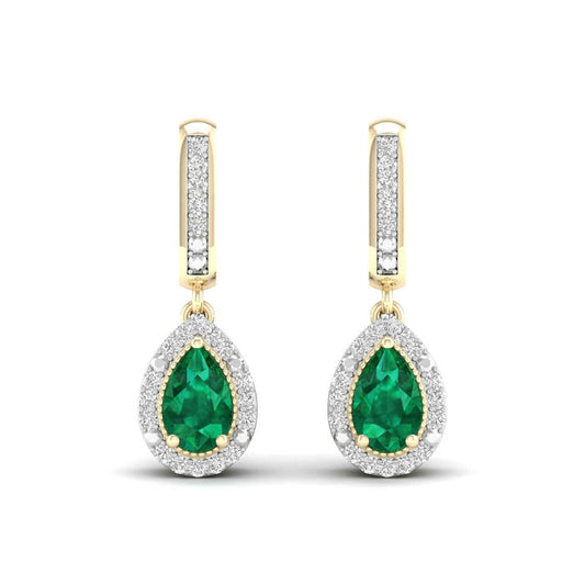Pear Emerald and 1/10 ct. tw. Diamond Halo Filigree Earrings with Milgrain Detailing in 10K Yellow Gold close-up detail