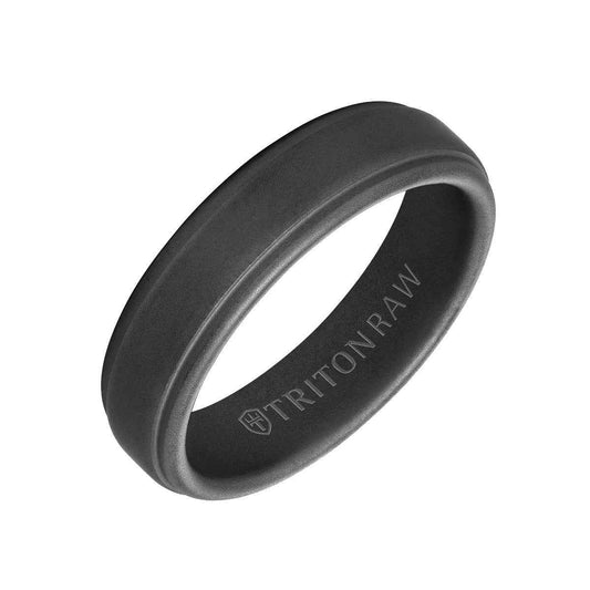 Triton Men's 6mm Tungsten Raw Sandblasted Step Edge Wedding Ring With Sandblast Finish and Black Interior front view