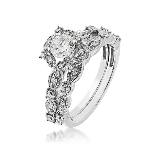 Natural 1 ct. tw. Round Brilliant Diamond Halo Milgrain Leaf Wedding Set in 14K White Gold close-up detail