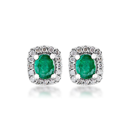 Emerald and 1/4 ct. tw. Diamond Halo Post Earrings in 10K White Gold front view