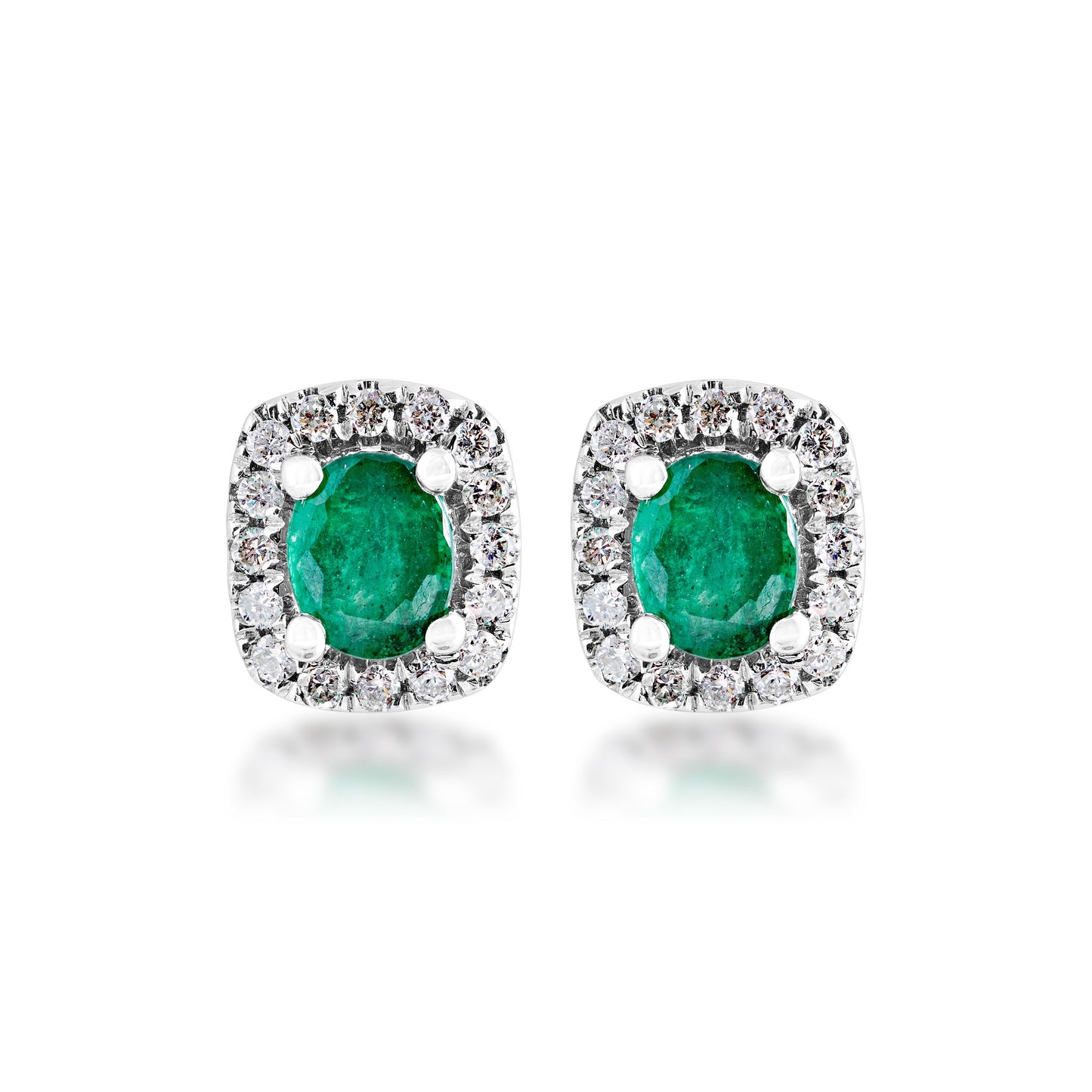 Emerald and 1/4 ct. tw. Diamond Halo Post Earrings in 10K White Gold front view