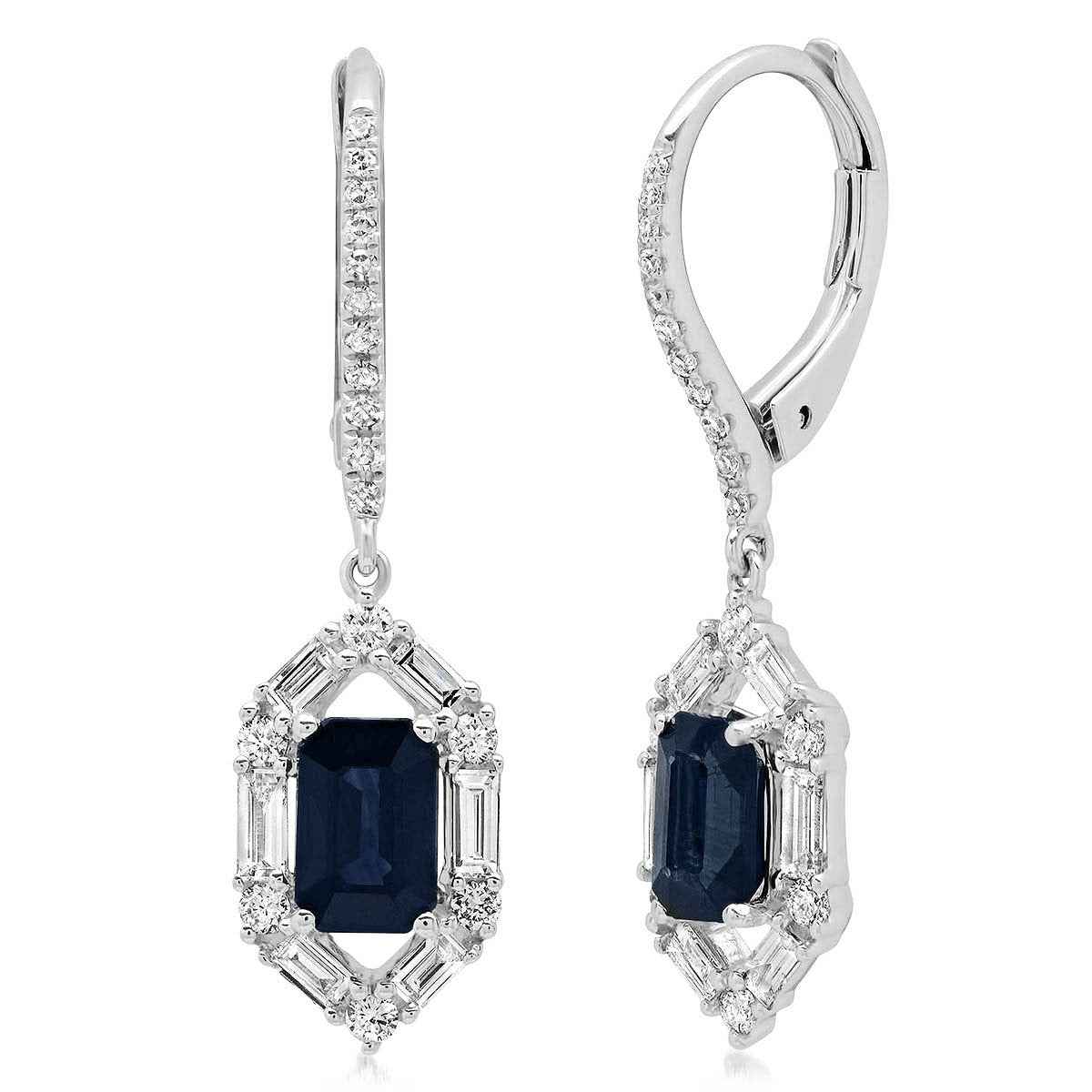 Emerald Cut Sapphire and 5/8 ct. tw. Round and Baguette Diamond Halo Drop Earrings in 14K White Gold