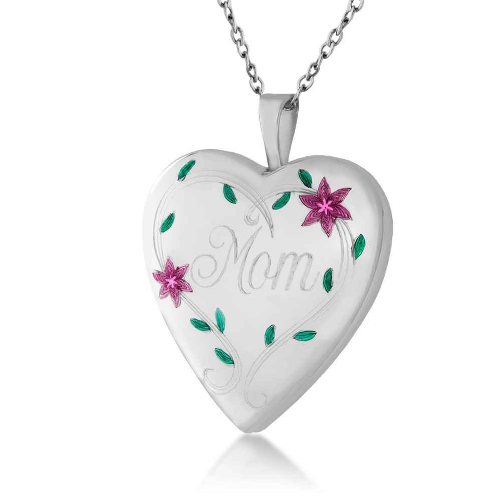 Ladies' 'Mom' Heart Shaped Locket Pendant with Flower & Leaf Etching in Sterling Silver