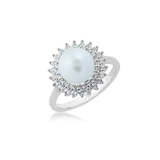 White Freshwater Button Pearl Fashion Ring with Created White Sapphire Double Starburst Halo in Sterling Silver front view