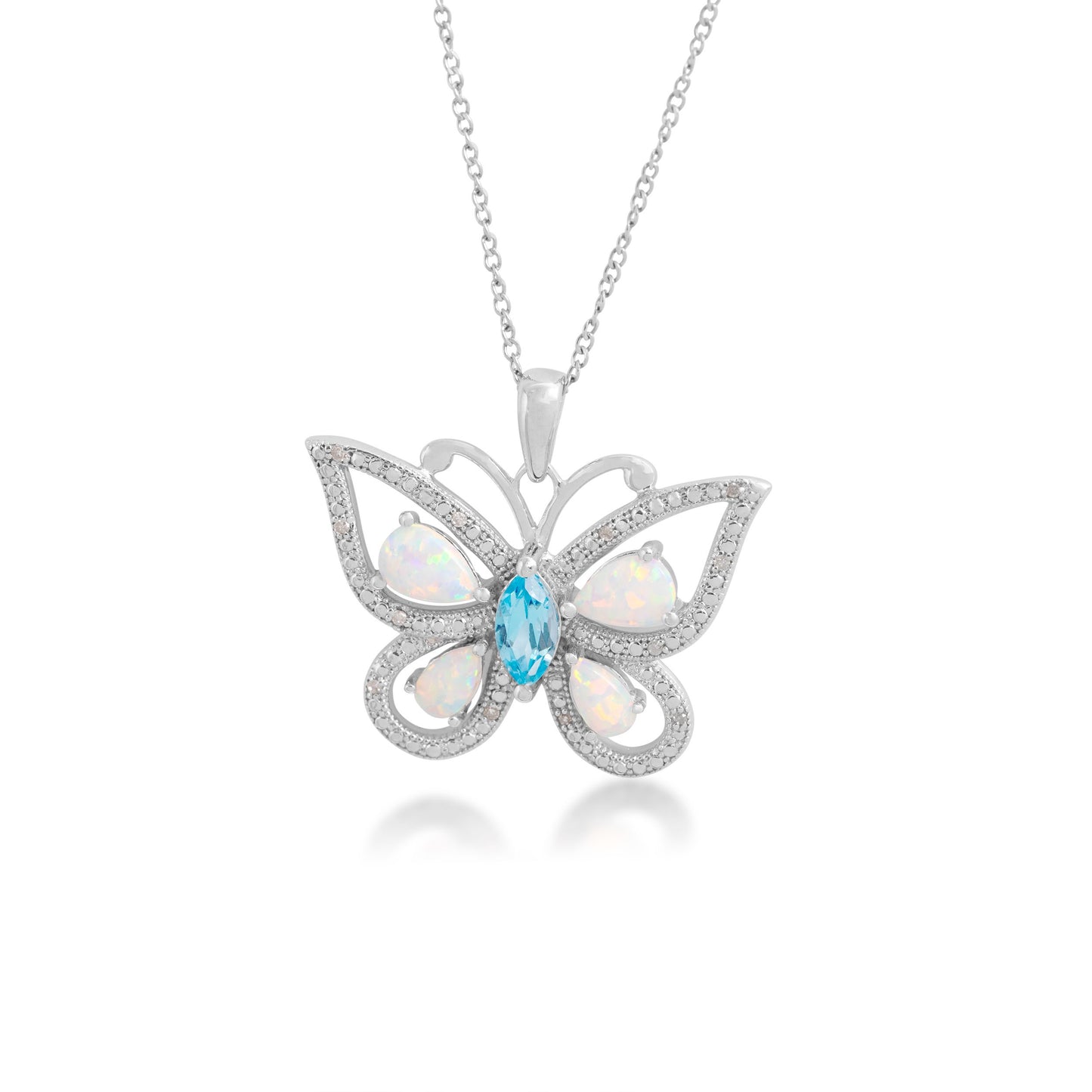 Marquise-Shaped Blue Topaz and Created Pear-Shaped Opal Butterfly Pendant with .05 ct. tw. Diamond Accents in Sterling Silver
