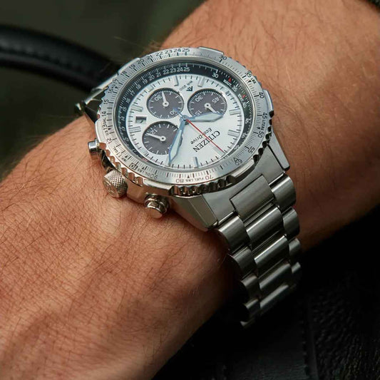 Citizen Men's Promaster Navihawk Stainless Steel Watch with Silver Dial close-up detail