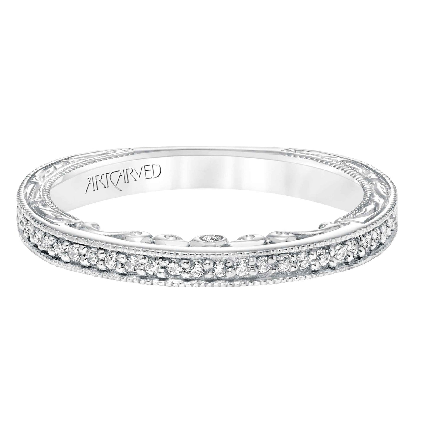 ArtCarved Vintage 1/7 ct. tw. Diamond Milgrain Wedding Band in 14K White Gold front view