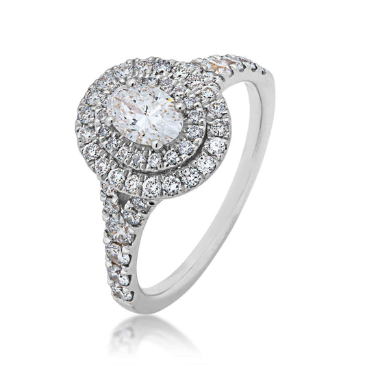Natural 1-1/4 ct. tw. Oval Diamond Double Halo Split Shank Engagement Ring in 14K White Gold front view