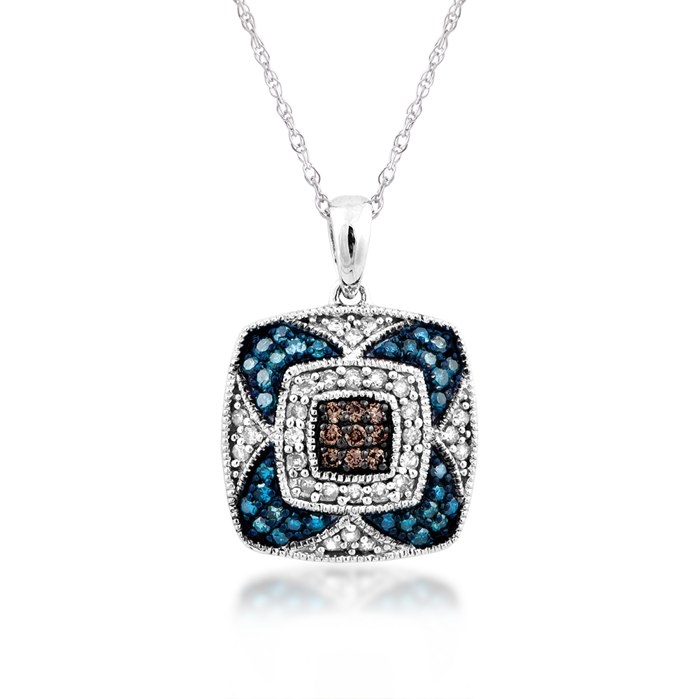 Love in Color 1/2 ct. tw. Cushion Cluster White, Treated Mocha & Blue Diamond Pendant in 10K White Gold