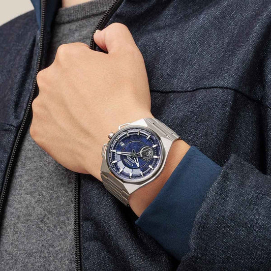 Citizen Men's Satellite Wave X Eco-Drive Titanium Watch with Blue Dial close-up detail