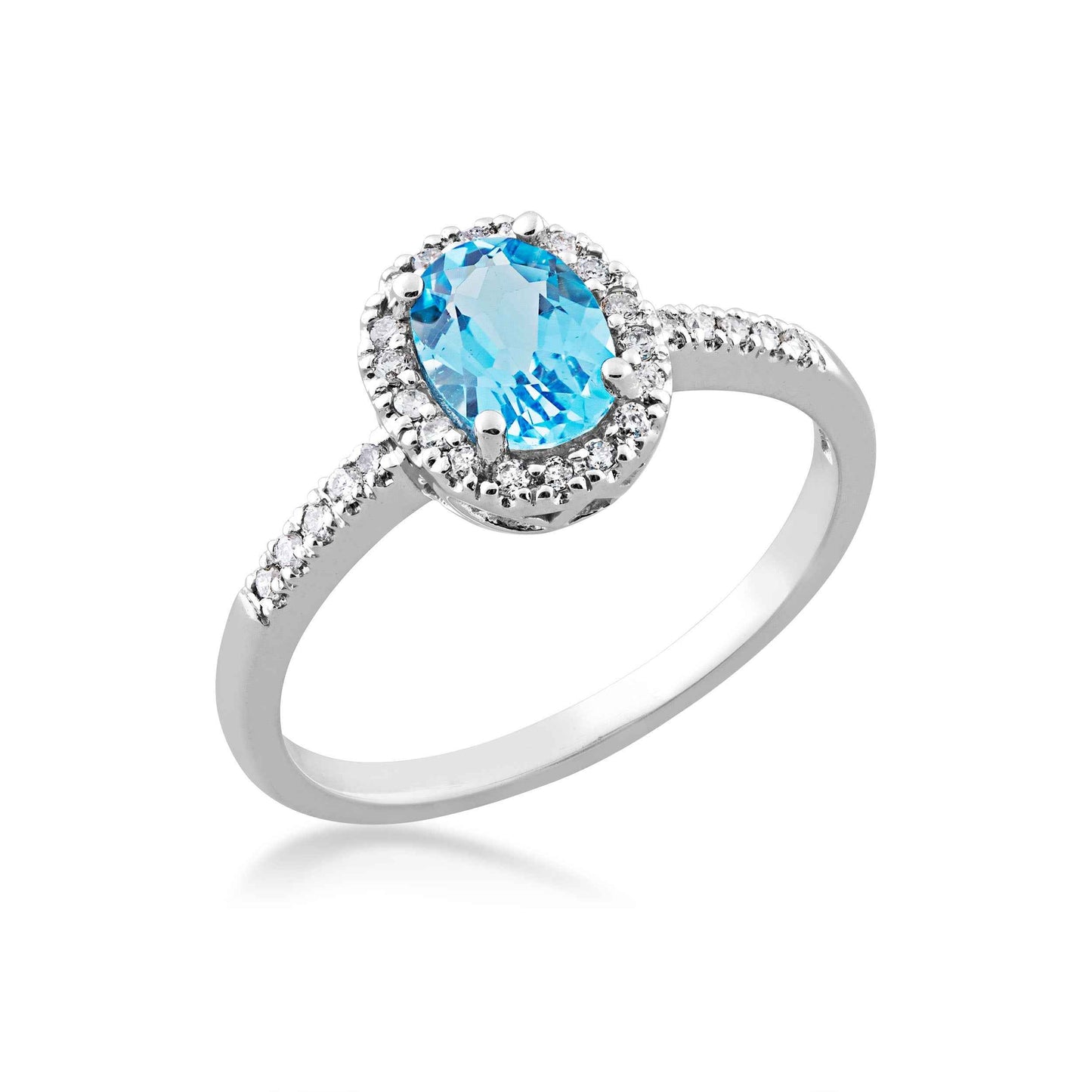 Genuine Oval Blue Topaz & 1/7 ct. tw. Diamond Halo Fashion Ring in 10K White Gold front view