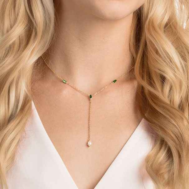 Swarovski OZ Collection White and Green Crystal Y-Necklace in Yellow Gold Plating front view