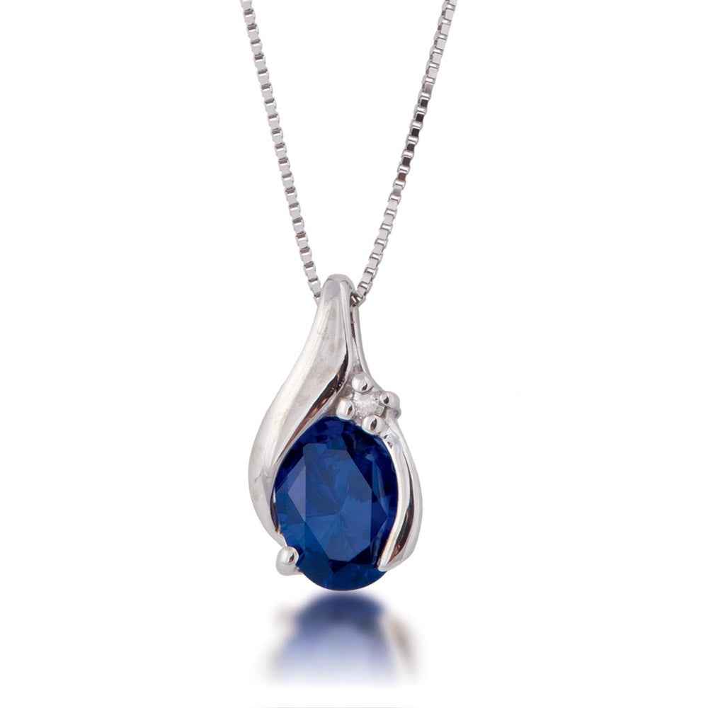 Created Oval Sapphire & .01 ct. tw. Diamond Pendant in 10K White Gold