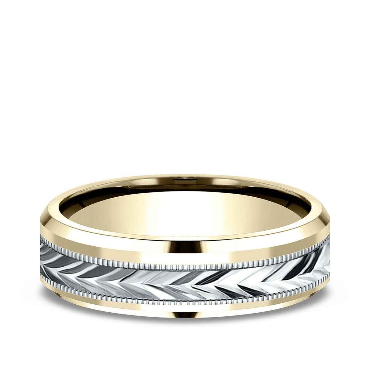 Benchmark Men's 6mm Beveled Edge Carved Wedding Ring in 14K Yellow & White Gold