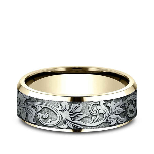 Benchmark Men's 7mm Beveled Edge Vintage Script Wedding Ring in 10K Yellow & White Gold